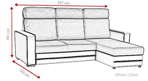 Medidas de sofá chaise longue cama tapizado en tela de color azul - Miami