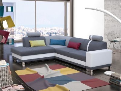Corner Sofa with Pull-out Bed and Storage. Grey Fabric and White Synthetic Leather. Left Corner - Fiji