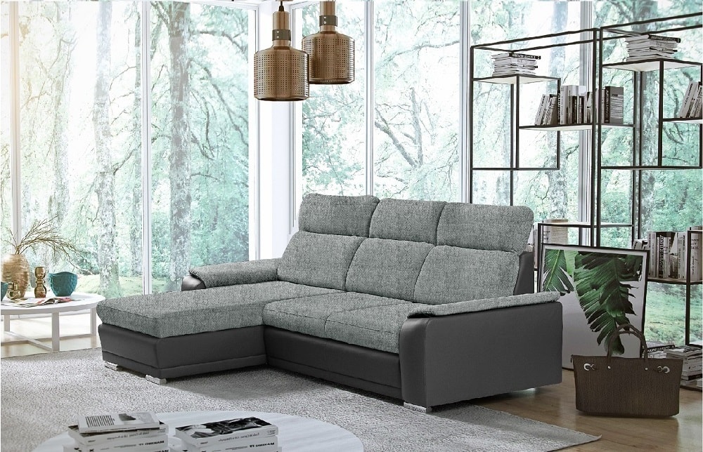Fabric And Faux Leather Chaise Longue Sofa With Pull Out Bed