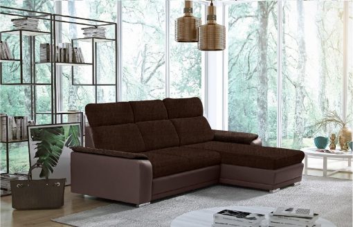 Sofá chaise longue reversible con cama - Vancouver. Color marrón (Tela Inari 28, polipiel Soft 66). Chaise longue al lado derecho