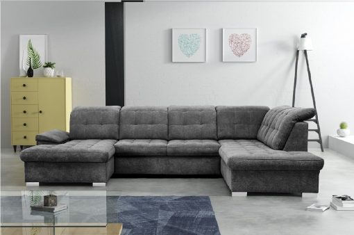 U-shaped Sofa with Pull-out Bed and Reclining Headrests - Toronto. Right Corner. Grey soft to touch fabric Alfa 19