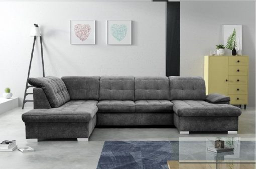 U-shaped Sofa with Pull-out Bed and Reclining Headrests - Toronto. Left Corner. Grey soft to touch fabric Alfa 19