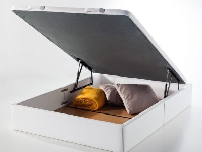 Lift-Up Storage Bed Upholstered in Faux Leather. Storage Opened. Basel