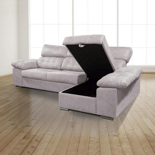 Arcón abierto. Chaiselongue derecha. Sofá chaiselongue con asientos extraíbles, arcón y reposacabezas reclinables, color gris (cemento) - Granada