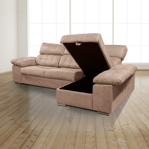 Arcón abierto. Chaiselongue derecha. Sofá chaiselongue con asientos extraíbles, arcón y reposacabezas reclinables, color marrón (piedra) - Granada