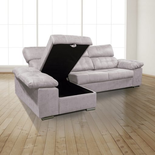 Arcón abierto. Chaiselongue izquierda. Sofá chaiselongue con asientos extraíbles, arcón y reposacabezas reclinables, color gris (cemento) - Granada