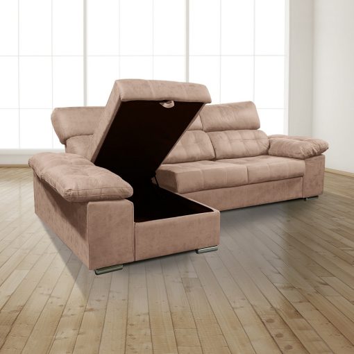 Arcón abierto. Chaiselongue izquierda. Sofá chaiselongue con asientos extraíbles, arcón y reposacabezas reclinables, color marrón (piedra) - Granada