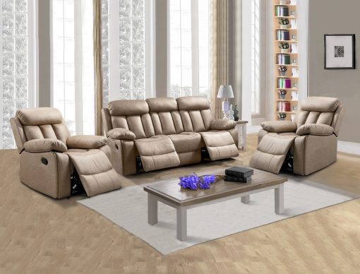 Conjunto 3+1+1 de un sofá de tres plazas y dos sillones relax. Tela antimancha beige - Barcelona