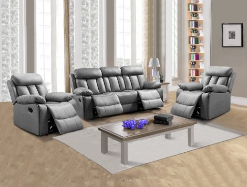Conjunto 3+1+1 de un sofá de tres plazas y dos sillones relax. Tela antimancha gris - Barcelona