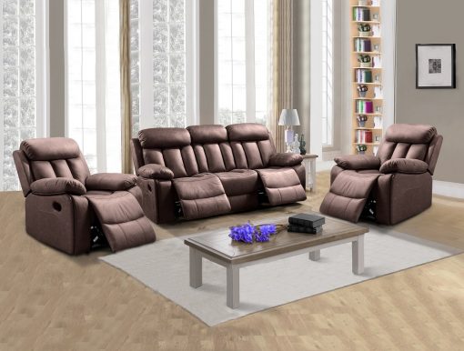 Conjunto 3+1+1 de un sofá de tres plazas y dos sillones relax. Tela antimancha marrón (chocolate) - Barcelona