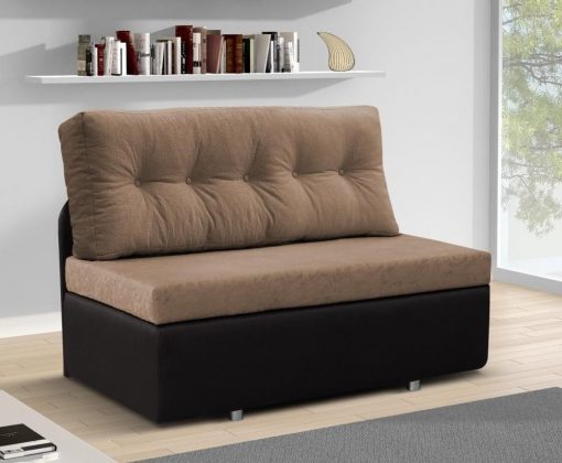 Маленький двухместный диван-кровать без подлокотников - Requena. Сиденье и спинка светло-коричневая ткань, основание - тёмно-коричневая ткань
