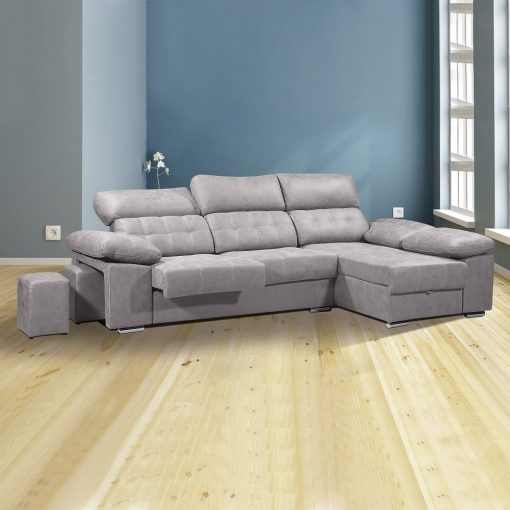 Sofá chaiselongue con asientos extraíbles, arcón y reposacabezas reclinables. Chaiselongue derecha, color gris (cemento) - Granada
