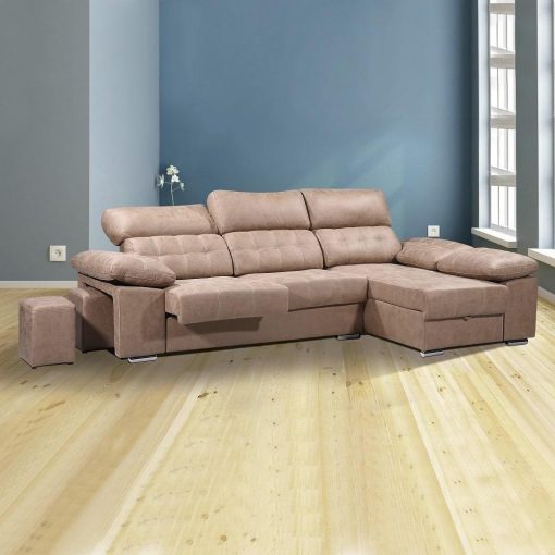 Sofá chaiselongue con asientos extraíbles, arcón y reposacabezas reclinables. Chaiselongue derecha, color marrón (piedra) - Granada
