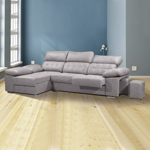 Sofá chaiselongue con asientos extraíbles, arcón y reposacabezas reclinables. Chaiselongue izquierda, color gris (cemento) - Granada