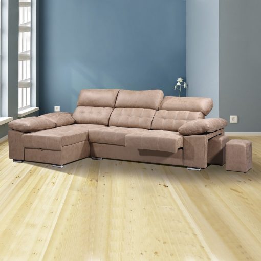 Sofá chaiselongue con asientos extraíbles, arcón y reposacabezas reclinables. Chaiselongue izquierda, color marrón (piedra) - Granada