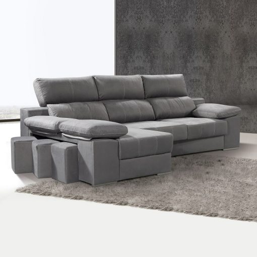 Sofá cheslón con asientos extraíbles y reposacabezas reclinables - Seville. Cheslón lado izquierdo, color gris