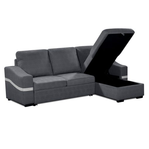 Arcón abierto. Sofá chaise longue convertible en cama. Tela gris. Chaise longue lado derecho - Santander