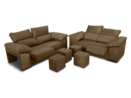 Conjunto de sofás 3+2, asientos deslizantes, respaldos reclinables y 4 pufs - Toledo. Color marrón (chocolate)