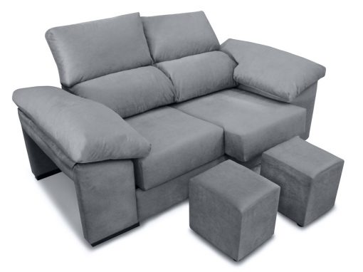 Sofá 2 plazas, asientos deslizantes, respaldos reclinables, 2 pufs - Toledo. Tela antimanchas gris
