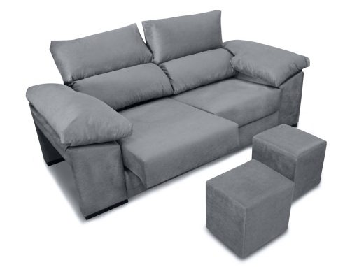 Sofá 3 plazas con asientos deslizantes, respaldos reclinables, 2 pufs - Toledo. Tela antimanchas gris
