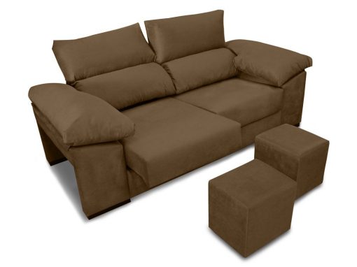 Sofá 3 plazas con asientos deslizantes, respaldos reclinables, 2 pufs - Toledo. Tela antimanchas marrón (chocolate)