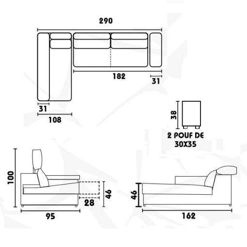 Medidas del sofá chaiselongue con asientos deslizantes, arcón y 2 pufs - Murcia