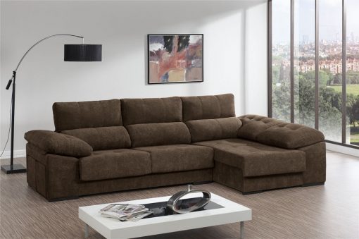 Sofá chaiselongue con asientos deslizantes, arcón y 2 pufs - Murcia. Color marrón. Chaiselongue lado derecho