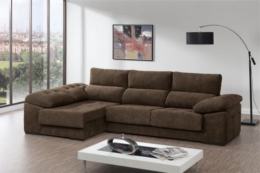 Sofá chaiselongue con asientos deslizantes, arcón y 2 pufs - Murcia. Color marrón. Chaiselongue lado izquierdo