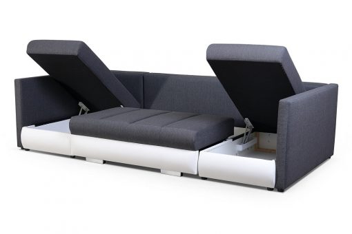 Storage Open. Small U-shaped Sofa with Bed, 2 Chaise Longues, 3 Storages - Bora.  Grey fabric, white faux leather