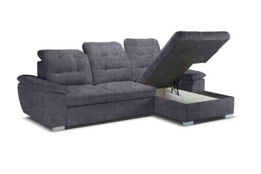 Arcón debajo de la chaise longue. Sofá chaise longue cama, alto respaldo con reposacabezas reclinables. Tela gris Irnari 94 – Windzor