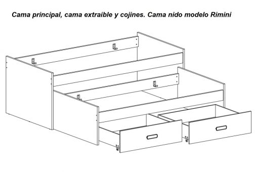 Cama principal, cama extraíble y cajones del cama nido modelo Rimini