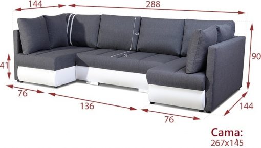 Dimensions. Small U-shaped Sofa with Bed, 2 Chaise Longues, 3 Storages - Bora