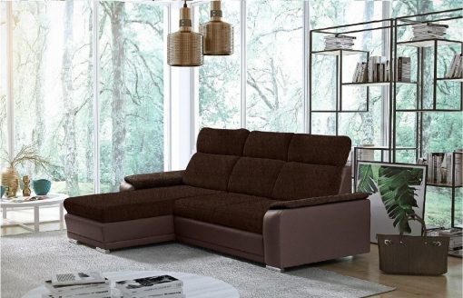 Sofá chaise longue reversible con cama - Vancouver. Color marrón (Tela Inari 28, polipiel Soft 66). Chaise longue al lado izquierdo