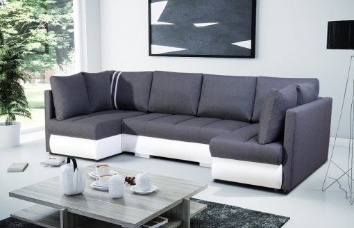 Small U-shaped Sofa with Bed, 2 Chaise Longues, 3 Storages - Bora. Grey fabric, white faux leather