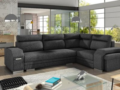 Corner Sofa with Folding Bed, Pouffe, 2 Storage Compartments. Grey Fabric All-over. Corner on the Right – Aruba