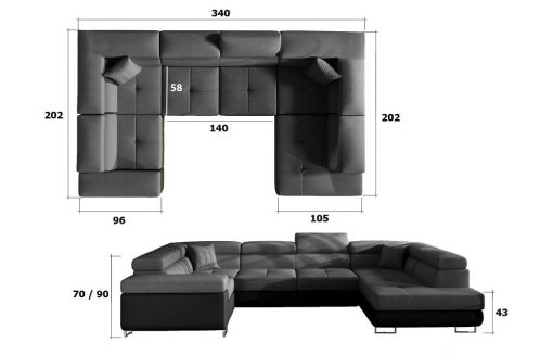 Medidas de sofá en U moderno (2 chaiselongs) con cama y arcón - Coventry