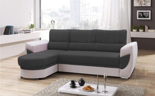 Sofá cama con chaise longue curvo de diseño - Alpera. Gris, blanco. Chaise longue lado izquierdo