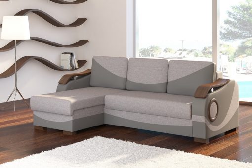 Sofá chaise longue cama con reposabrazos de madera - Leeds. Tela gris (Sawana 21) - polipiel gris (Soft 29). Chaise longue lado izquierdo