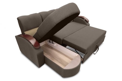 Arcón abierto. Sofá chaise longue cama con brazos de madera modelo Padua
