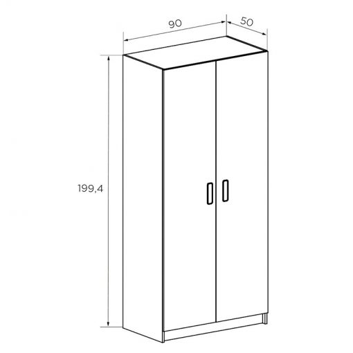 Dimensions of the 2 doors wardrobe in white and light brown - Rimini