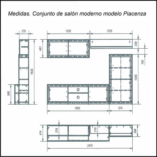 Medidas. Conjunto de salón moderno - Piacenza