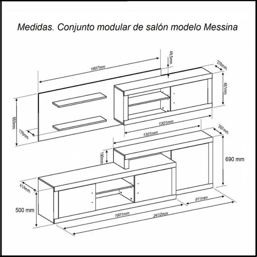 Medidas. Conjunto modular de salón, 241 cm modelo Messina