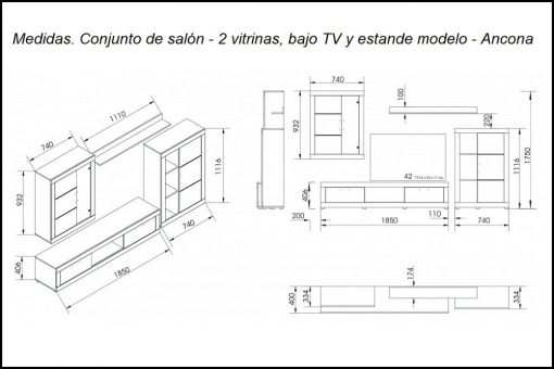 Medidas. Mueble de salón con LED - 2 vitrinas, bajo TV y estande modelo Ancona