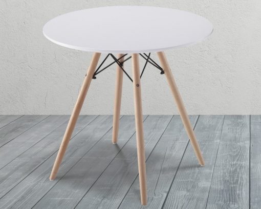 Mesa redonda blanca comedor con patas de madera y soportes metálicos - Bergen