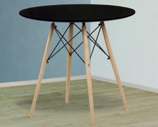 Mesa redonda negra comedor con patas de madera y soportes metálicos - Bergen