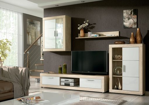 Mueble de salón con LED - 2 vitrinas, bajo TV y estande, 259 cm - Ancona. Colores roble y blanco