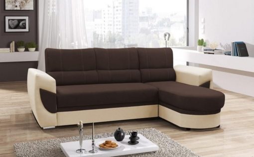 Sofá cama con chaise longue curvo de diseño - Alpera. Marrón, beige. Chaise longue lado derecho