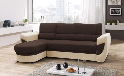 Sofá cama con chaise longue curvo de diseño - Alpera. Marrón, beige. Chaise longue lado izquierdo