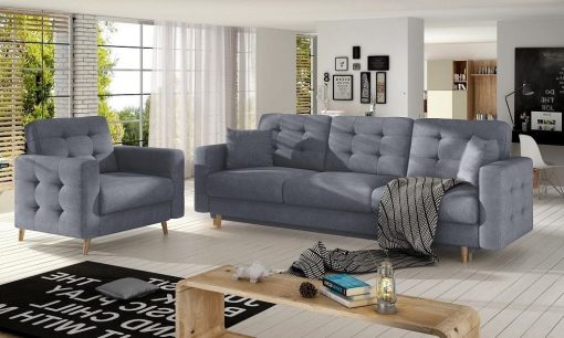 Conjunto 3+1 sofá cama más sillón tapizado capitoné – Copenhagen. Tela gris claro Soro 93