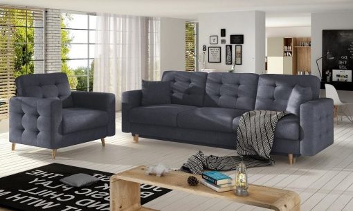 Conjunto 3+1 sofá cama más sillón tapizado capitoné – Copenhagen. Tela gris oscuro Soro 95